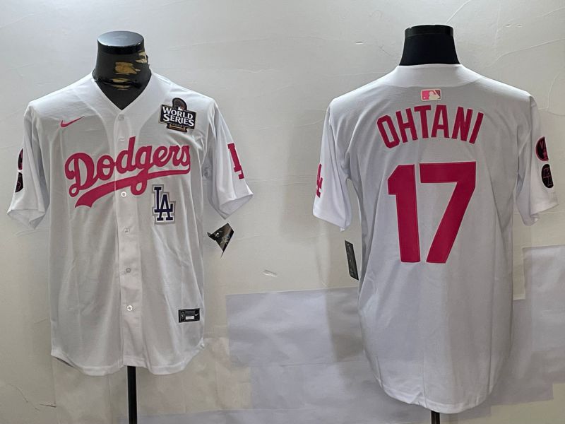 Men Los Angeles Dodgers 17 Ohtani White pink joint name 2024 Nike MLB Jersey style 10271